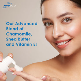 EYEECO label ingredient list view showing tea tree and shea butter benefits