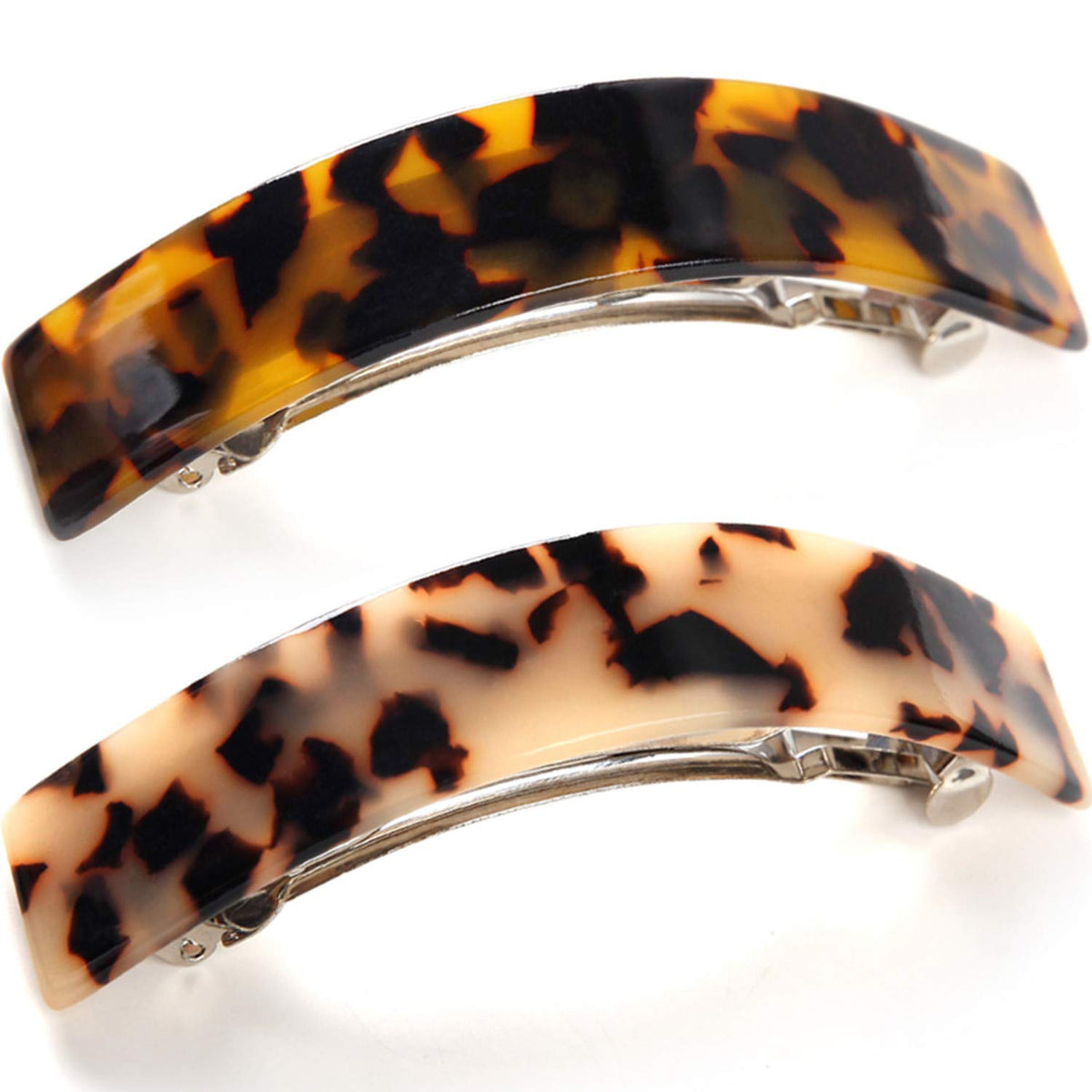Eyegla front view of tortoise barrettes showing classic pattern and secure hold