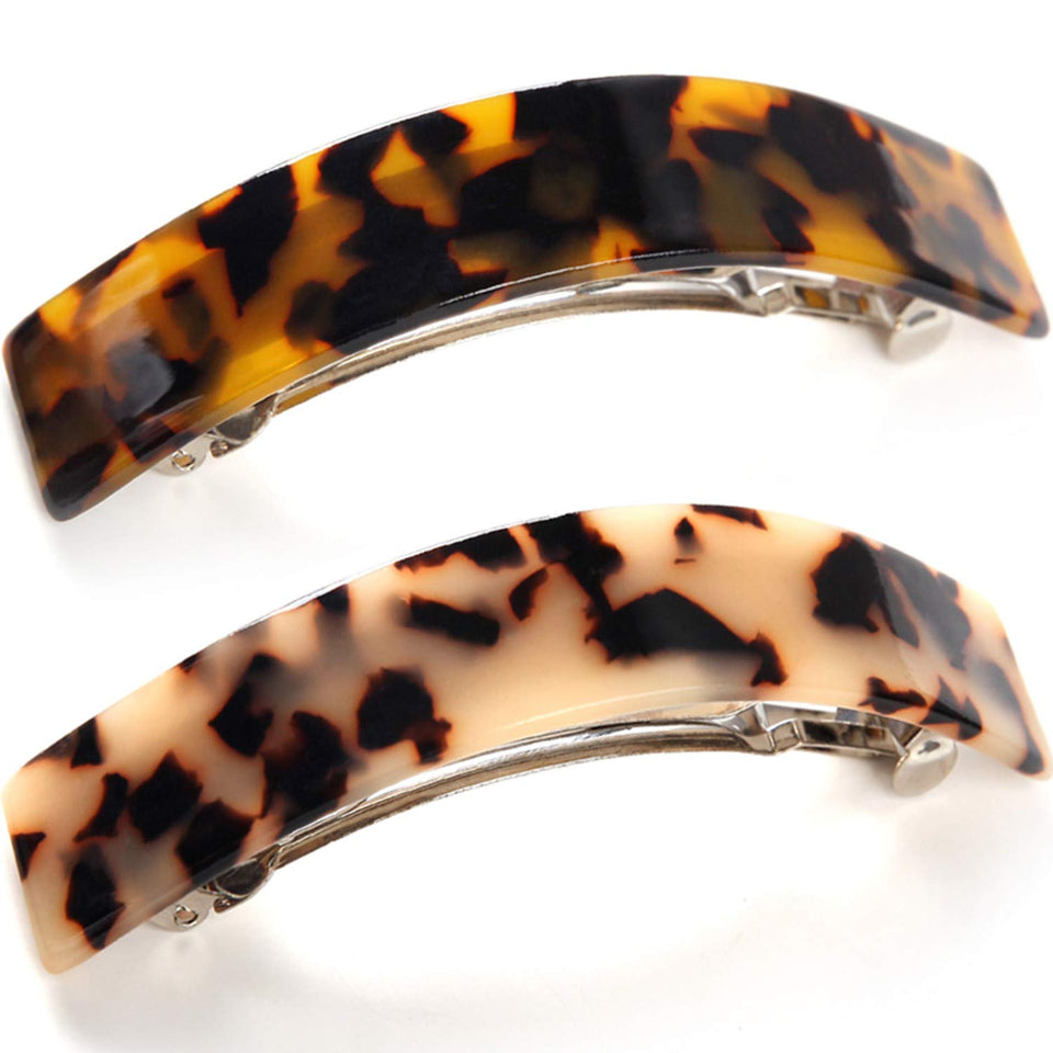 Eyegla front view of tortoise barrettes showing classic pattern and secure hold