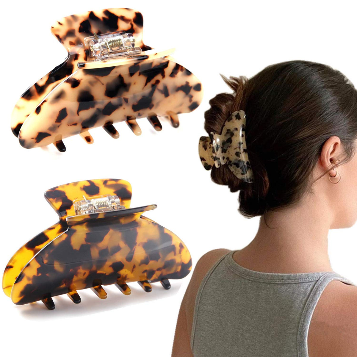 Eyegla front view of two tortoise shell claw clips showing elegant finish and secure hold