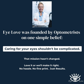 Eye Love label and ingredients close-up emphasizing simple formula and clinician backing