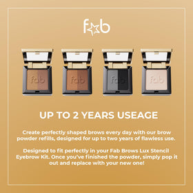 Fab Brows travel flat lay with compact and brush ready for on-the-go touchups