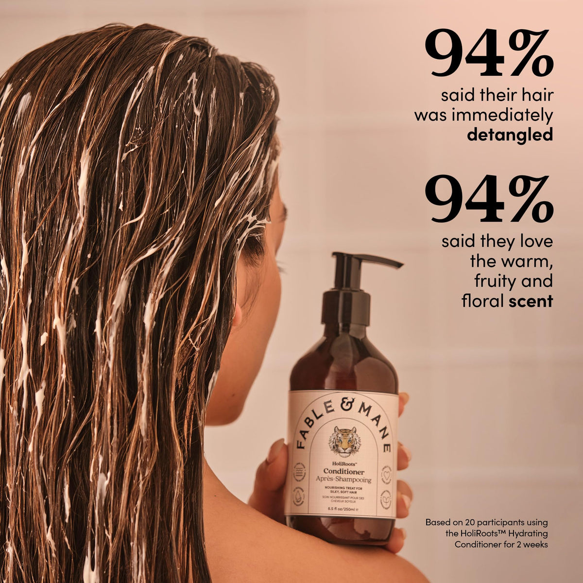 Fable & Mane conditioner in hand showing size and easy application benefit