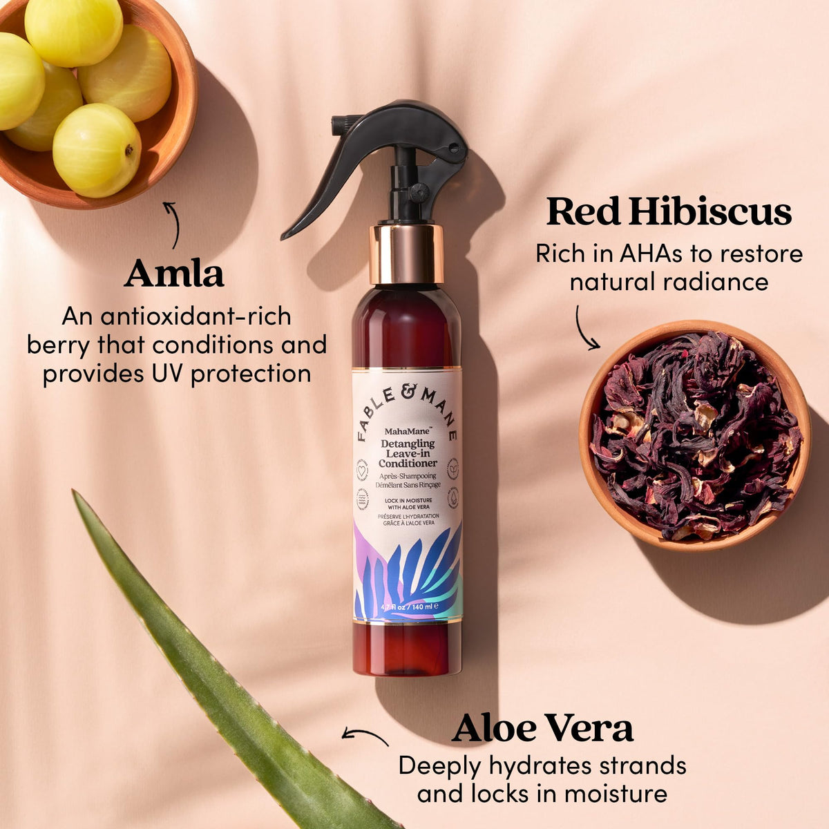 Fable & Mane label close-up showing amla and aloe ingredients