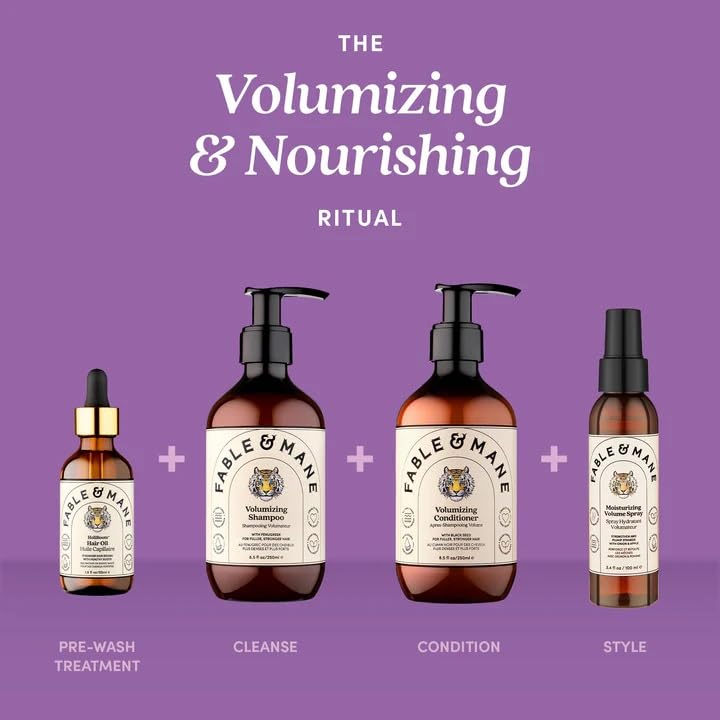 Fable & Mane bottle next to hand to show product size and convenience