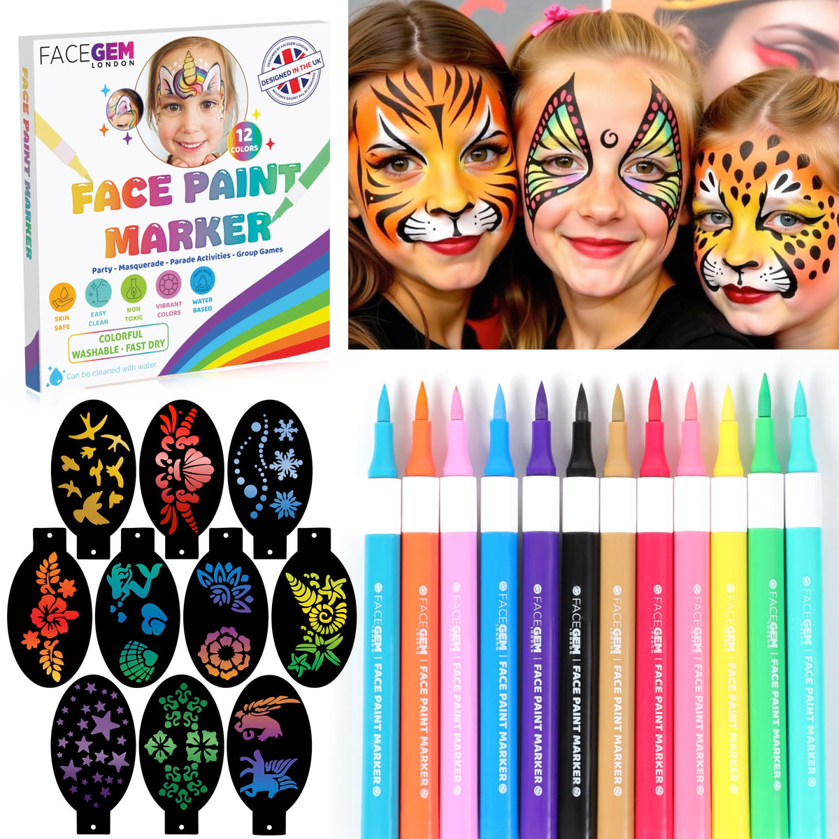 FACEGEM LONDON front packaging showing colourful face paint pots and stencils for easy transport