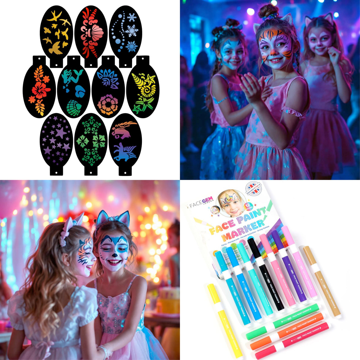 FACEGEM LONDON lifestyle party scene featuring kids enjoying vibrant face art at an event