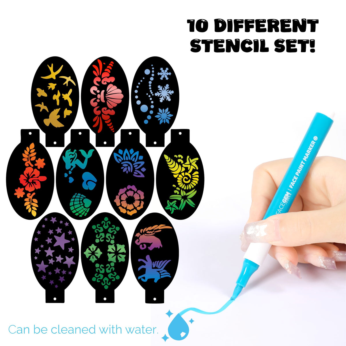 FACEGEM LONDON stencil set close-up highlighting crisp reusable shapes for consistent designs