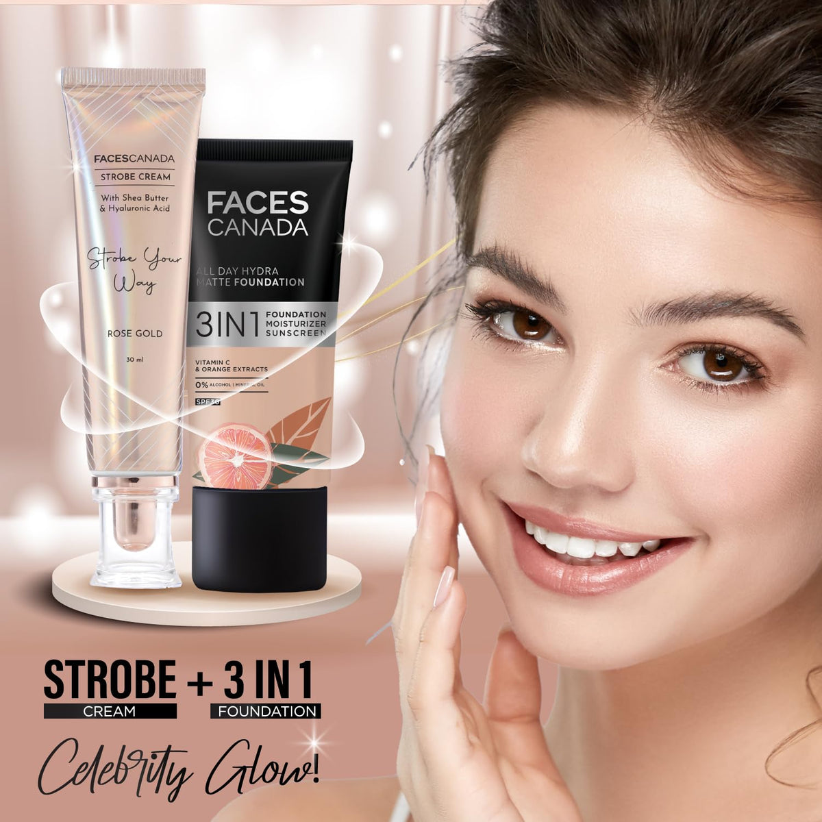 FACESCANADA application on cheek showing blended glow and skin-plumping effect