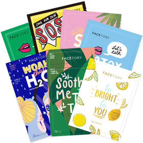 FACETORY Best of 7 front packaging showing seven sheet mask sachets for targeted care