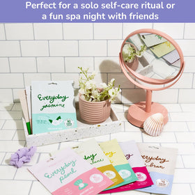 FACETORY bathroom shelf lifestyle shot showing easy daily skincare routine