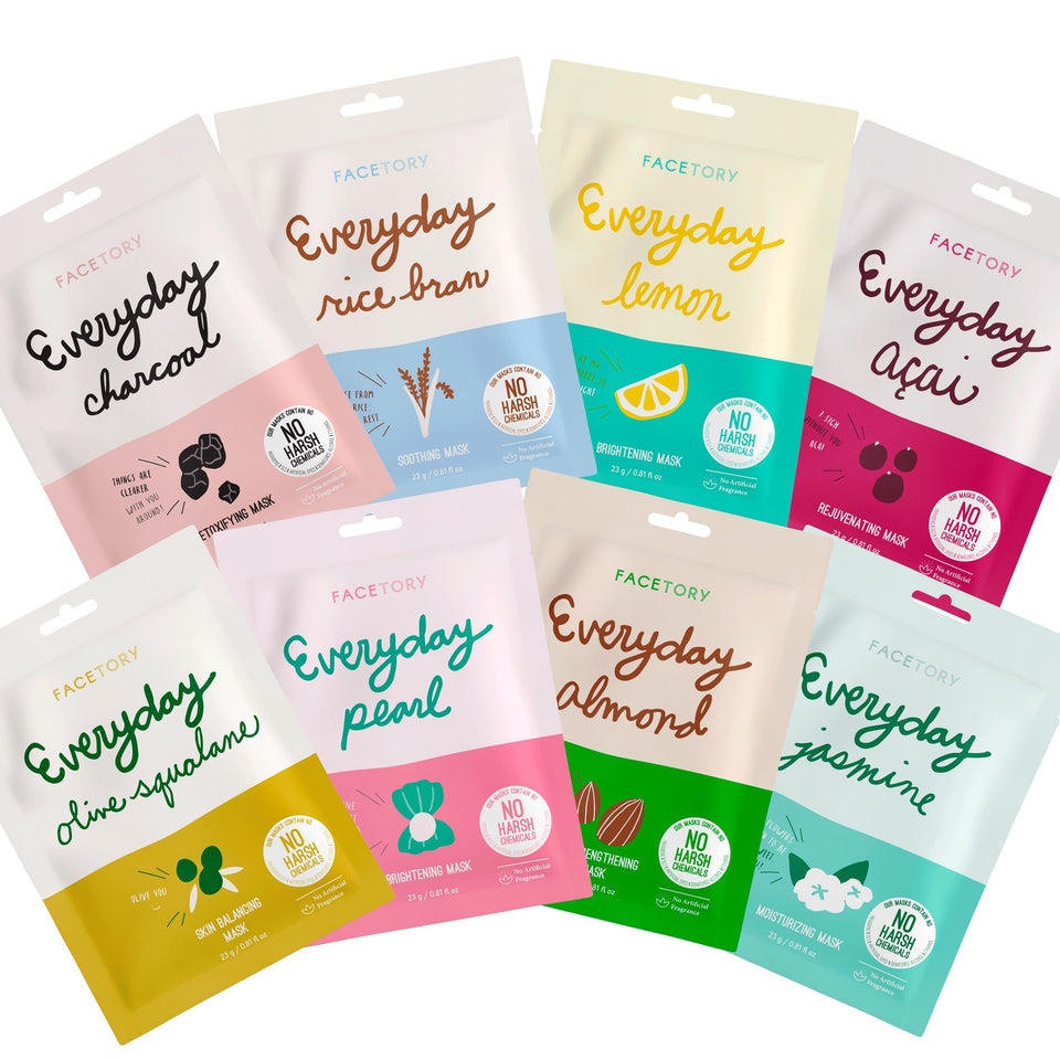 FACETORY front packaging of everyday 8 set shows product variety and benefits