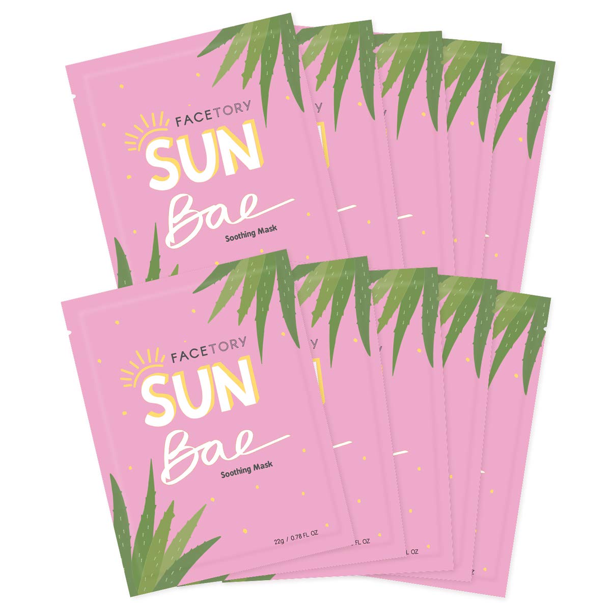 FACETORY front packaging of SUN BAE 10-pack showing product and calming benefit