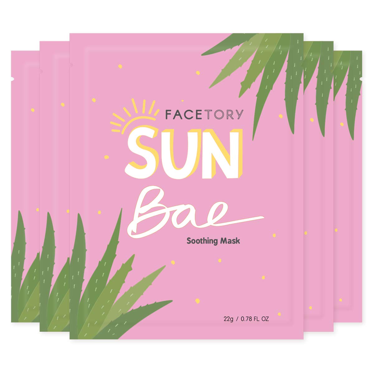 FACETORY front packaging showing five SUN BAE SOOTHING masks, calm after-sun care