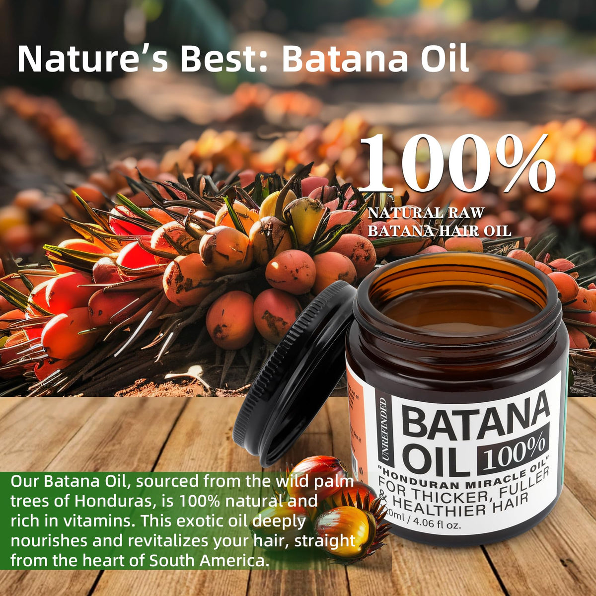 Fadelo Batana oil poured with spoon from jar showing pure product and easy scoop benefit