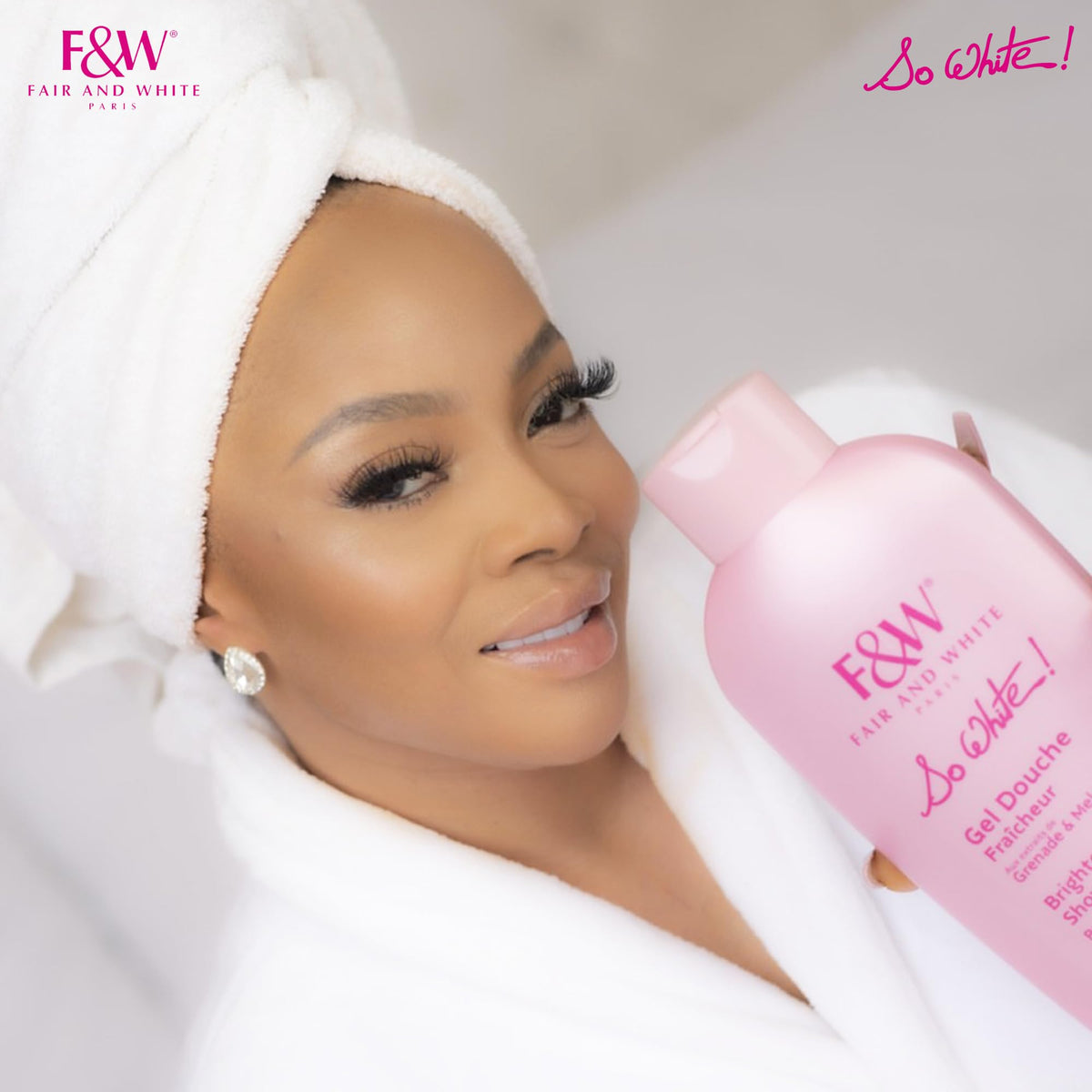 FAIR & WHITE model after shower showing soft, visibly nourished skin