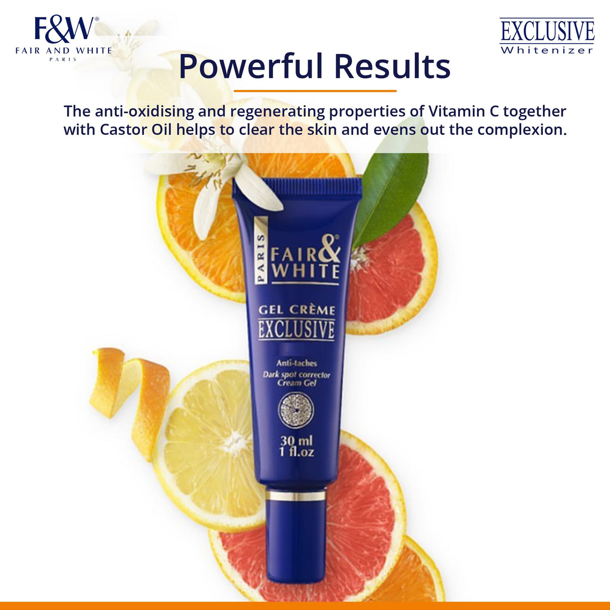 FAIR & WHITE cap and label detail highlighting active ingredients