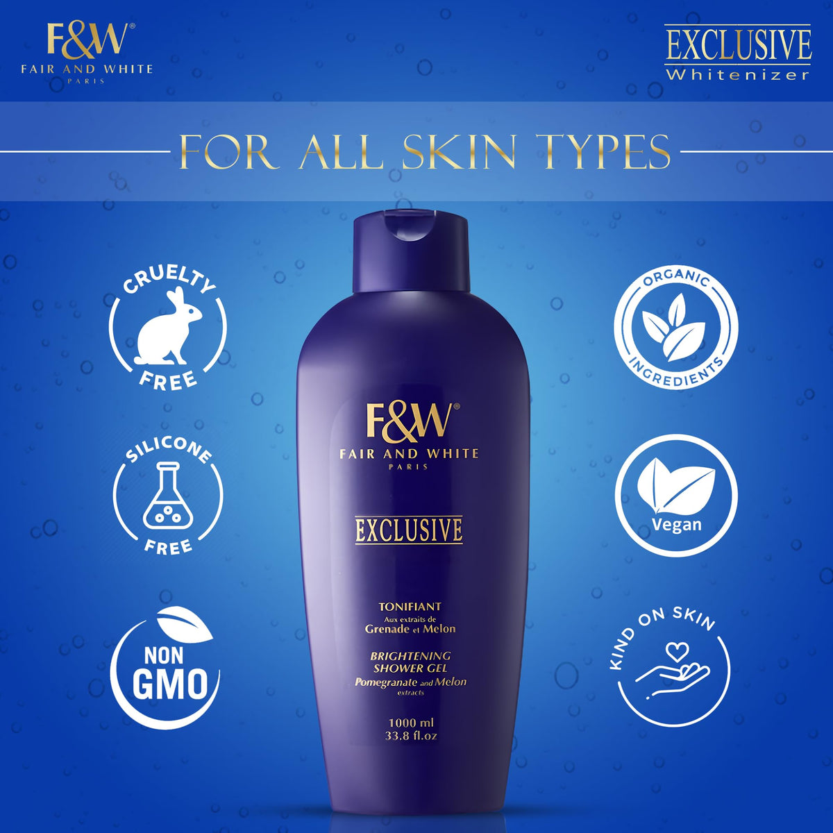 FAIR & WHITE in-shower use showing lather on skin for softening benefit