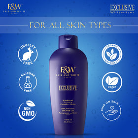 FAIR & WHITE in-shower use showing lather on skin for softening benefit