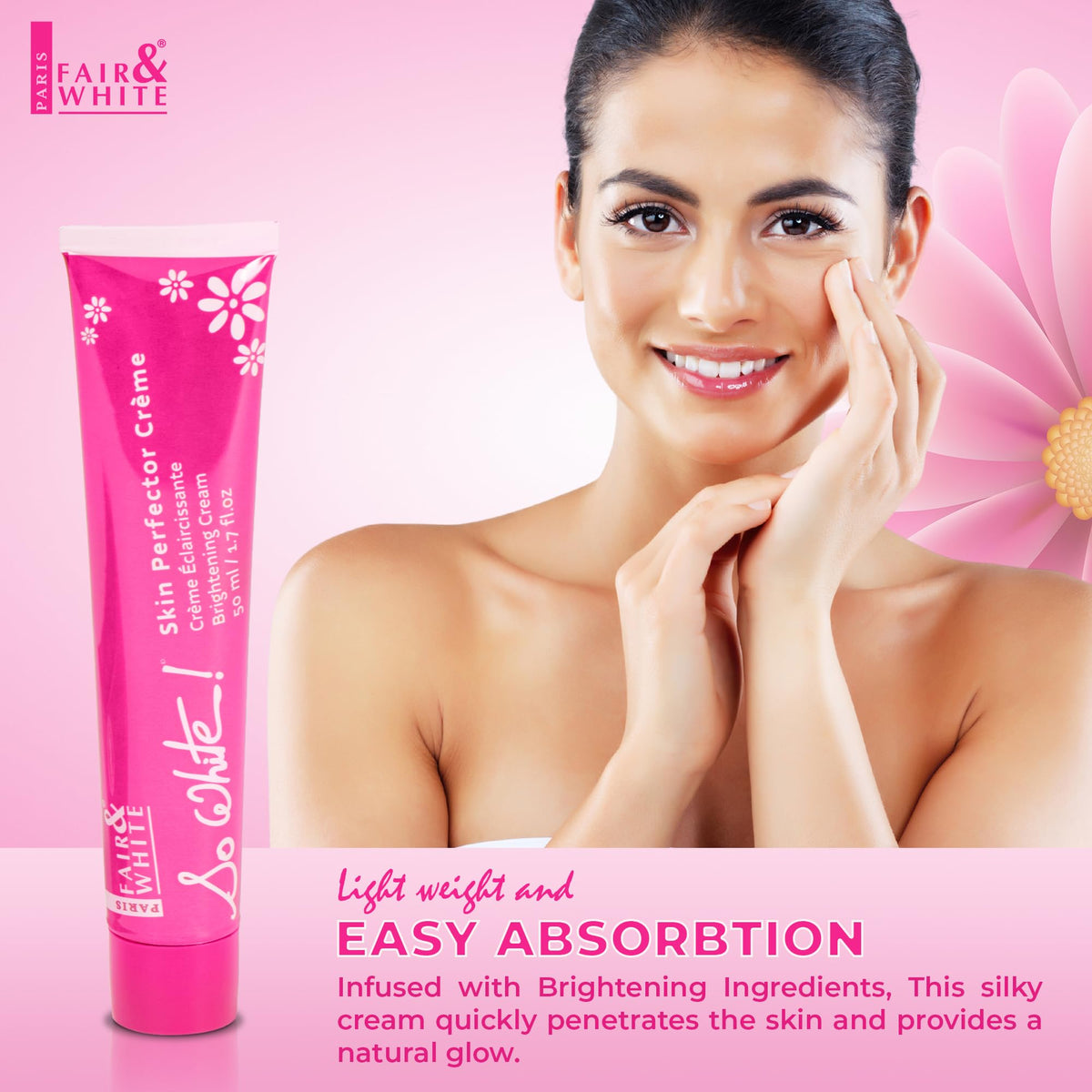 Fair & White applying cream to face and neck illustrating easy daily use and coverage