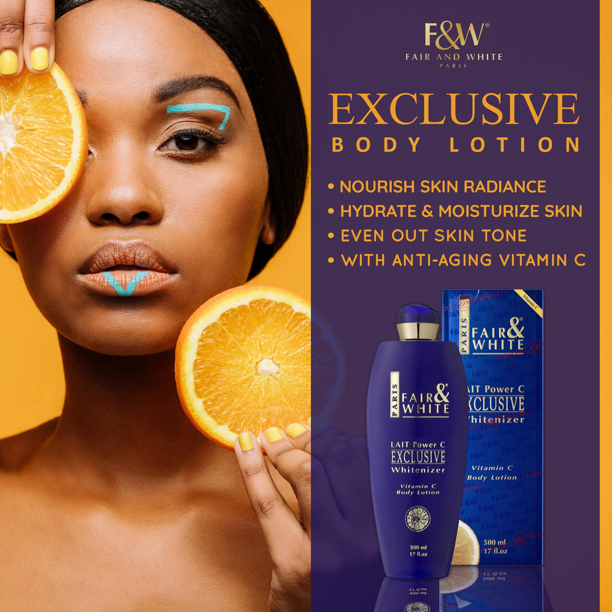 FAIR & WHITE creamy lotion texture close-up showing smooth consistency for quick absorption