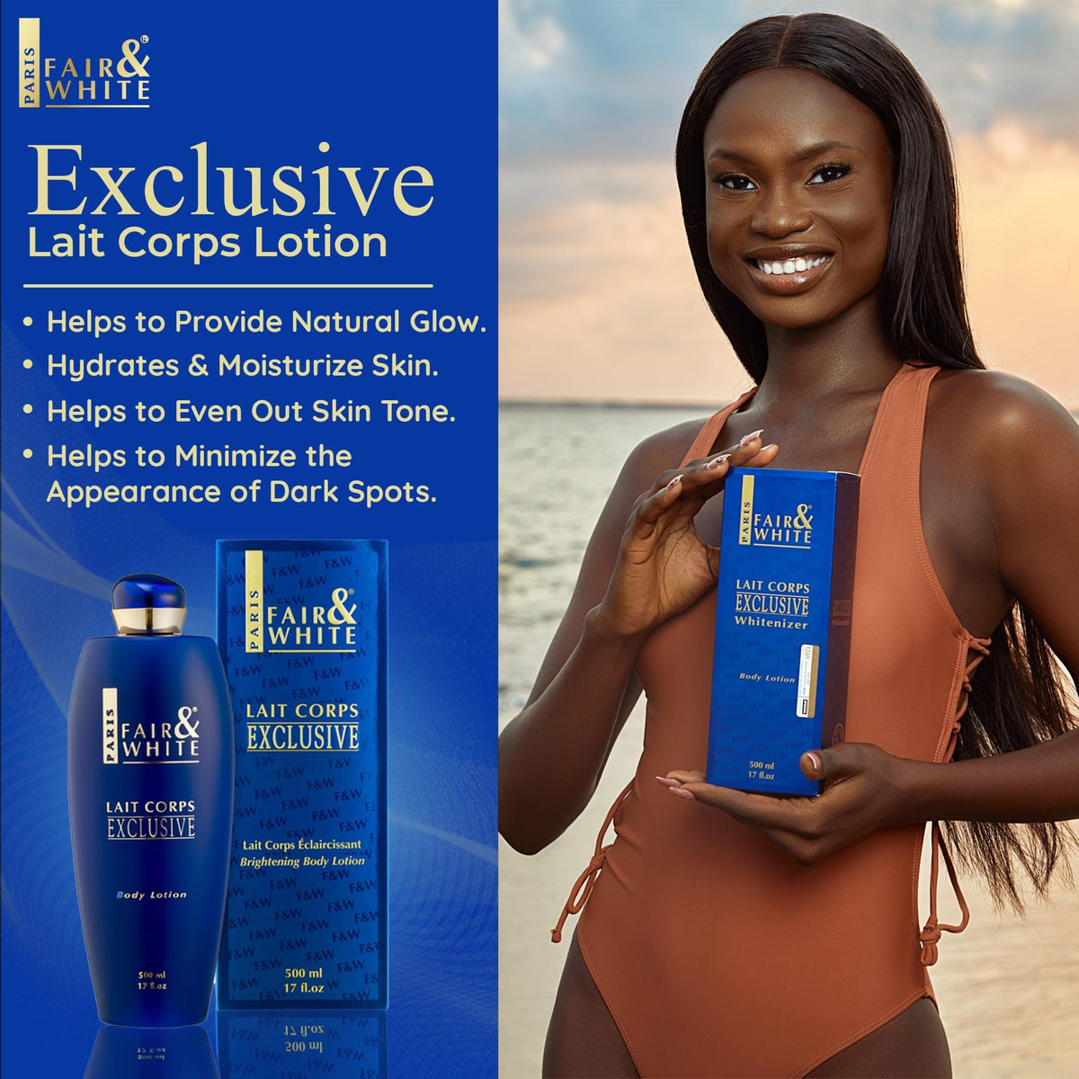 FAIR & WHITE lotion texture close-up illustrates fast absorption and hydration