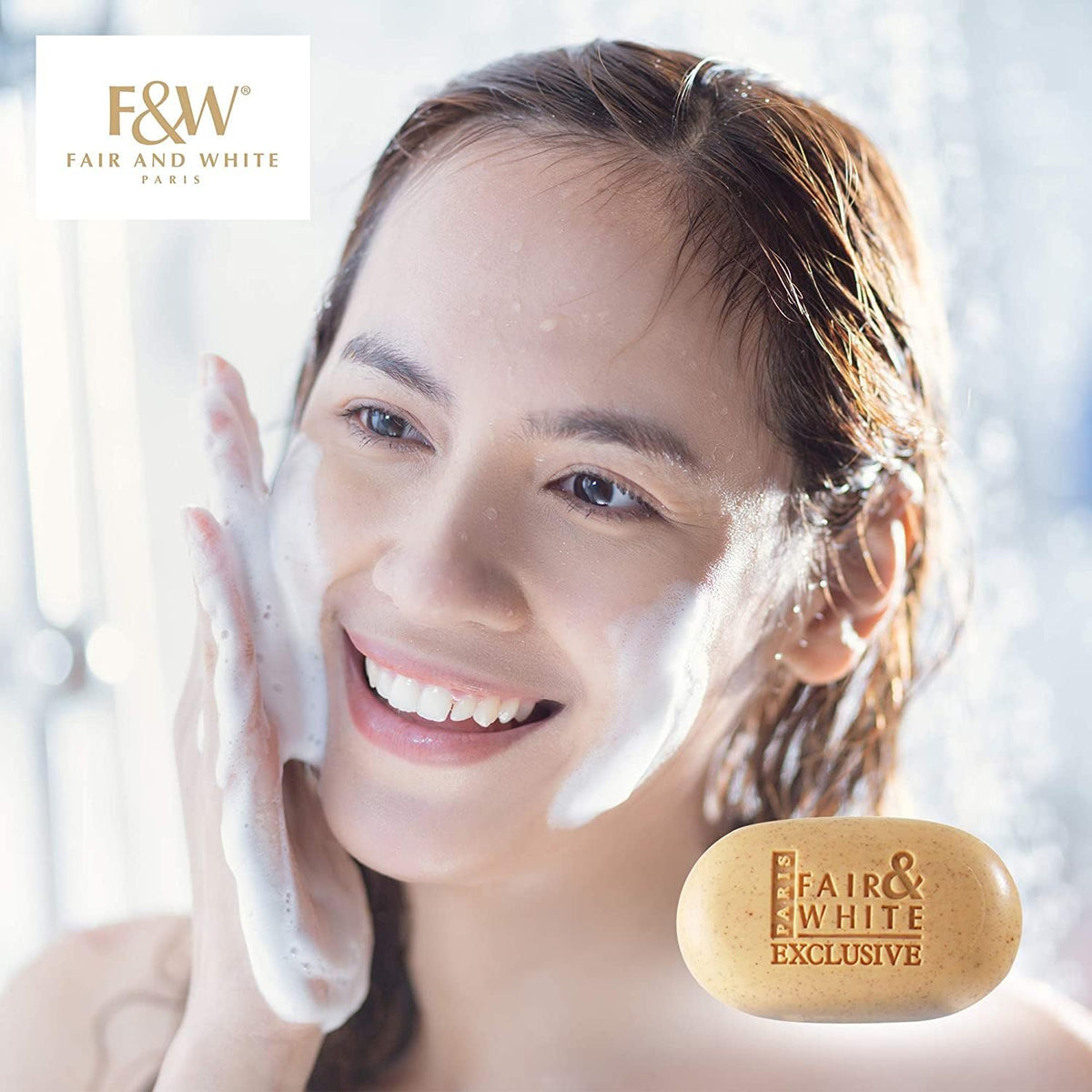 FAIR & WHITE soap on bathroom shelf for a refreshed skincare routine