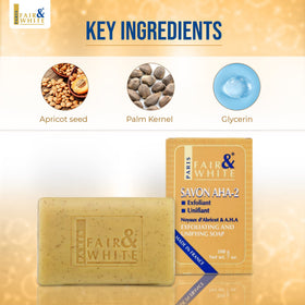 FAIR & WHITE rich lather close-up illustrating creamy foam and exfoliation