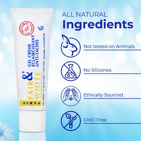 FAIR & WHITE size comparison in hand showing 30ml travel-friendly convenience
