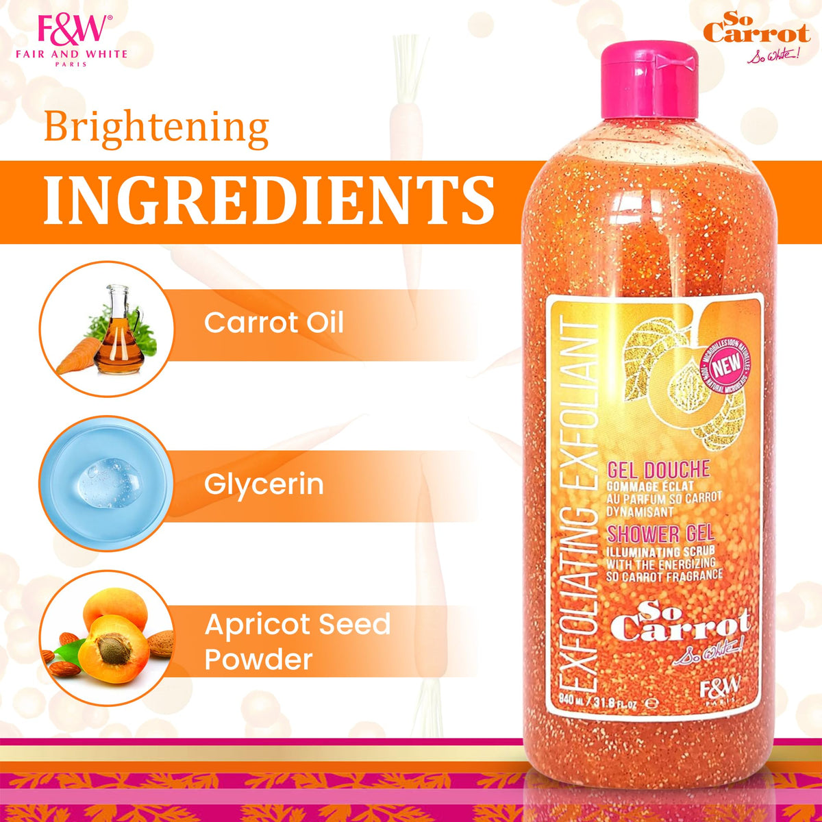 FAIR & WHITE pouring gel texture close-up, shows creamy exfoliating formula