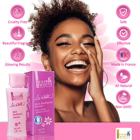 FAIR & WHITE applying serum to face demonstrating even tone improvement
