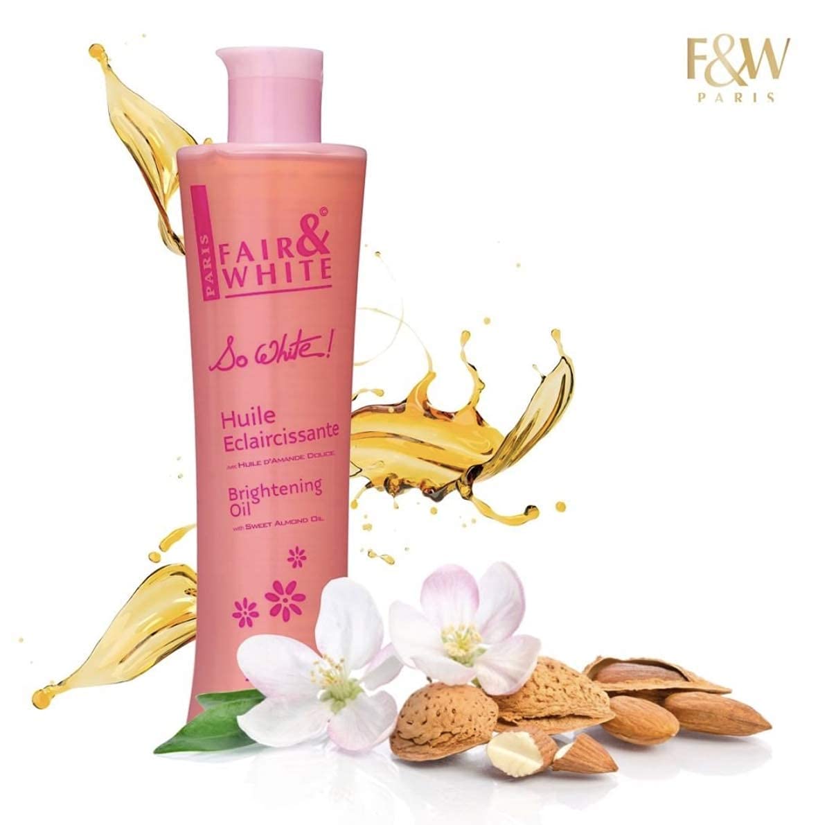 FAIR & WHITE bottle on bath ledge illustrating post-shower application benefit
