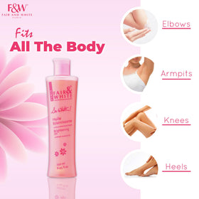FAIR & WHITE bottle next to ruler to show 250ml scale and travel size