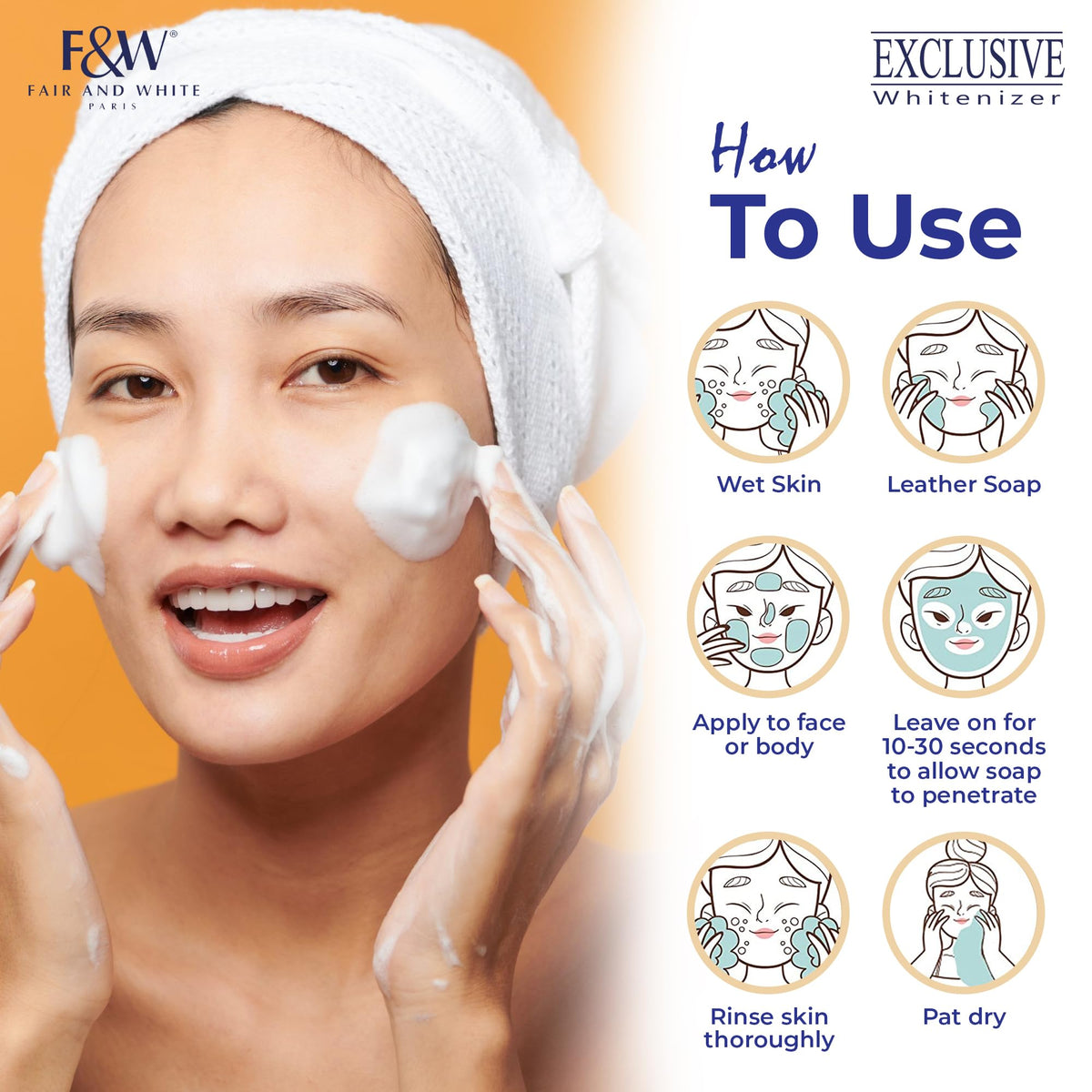 FAIR & WHITE lather on skin demonstrating cleansing and smoothing action