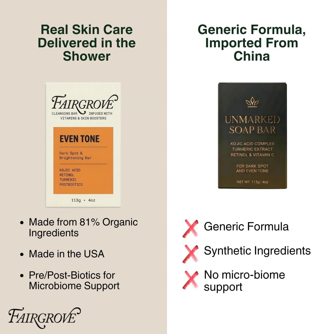 Fairgrove ingredient label close-up listing kojic acid, retinol, turmeric benefits