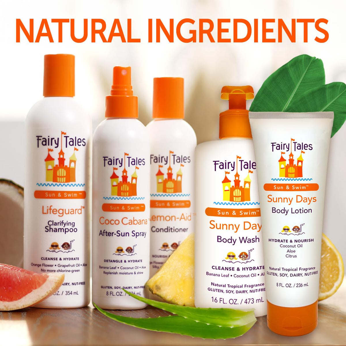 Fairy Tales 8 oz bottle beside everyday objects to show size and portability