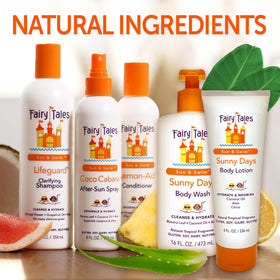 Fairy Tales 8 oz bottle beside everyday objects to show size and portability