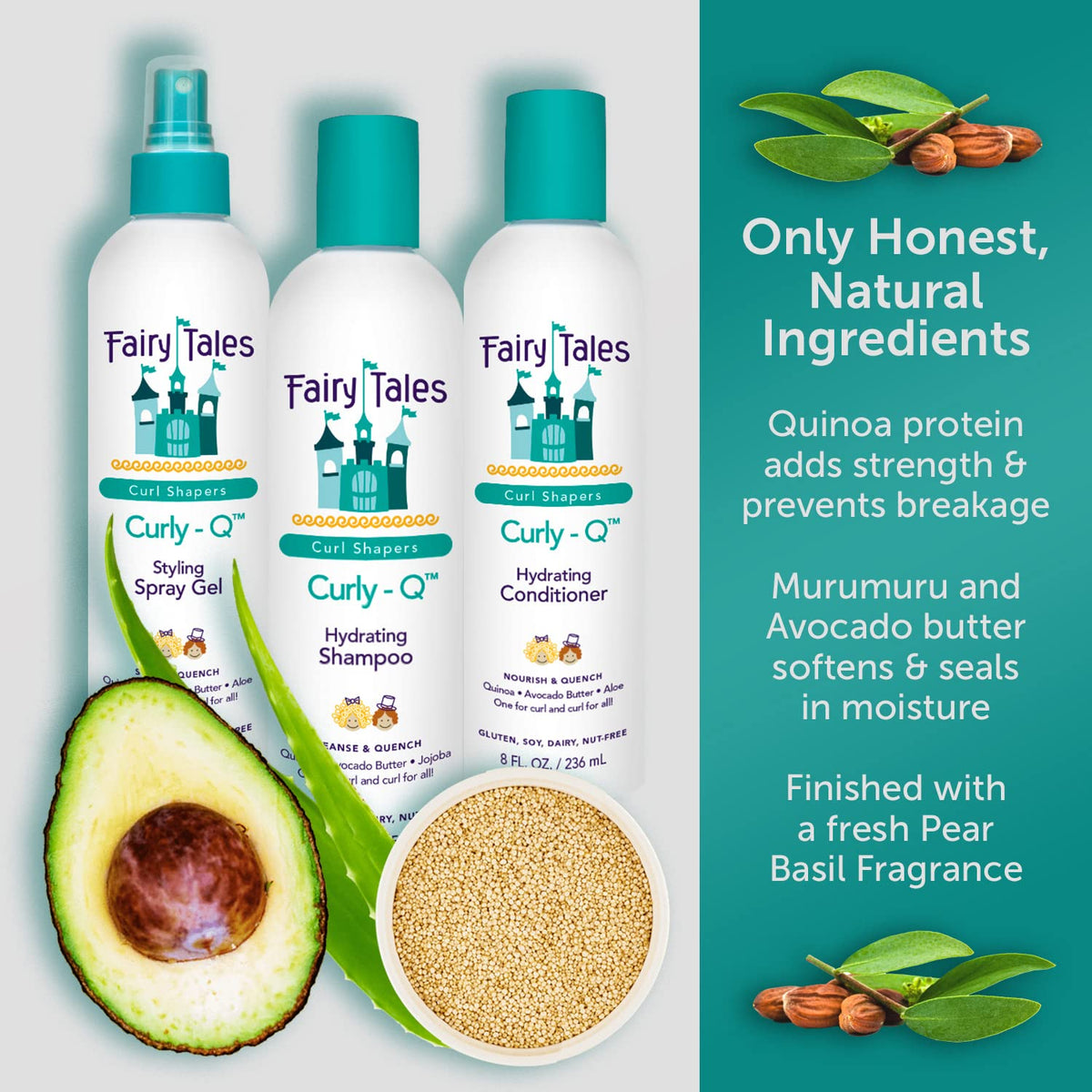 Fairy Tales bottle label details with ingredients list, brand transparency and benefits