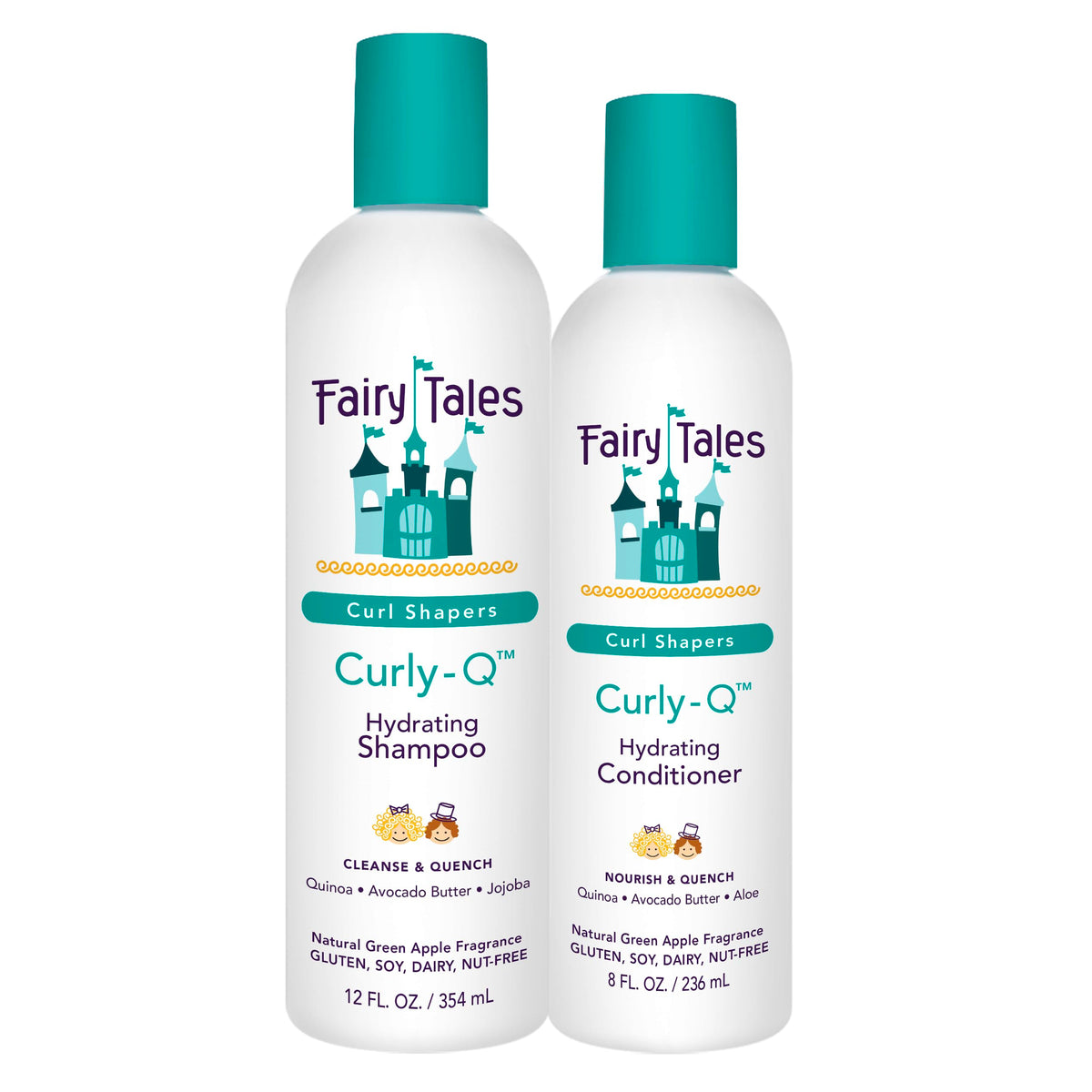 Fairy Tales front packaging showing 12oz shampoo and 8oz conditioner, gentle hydration