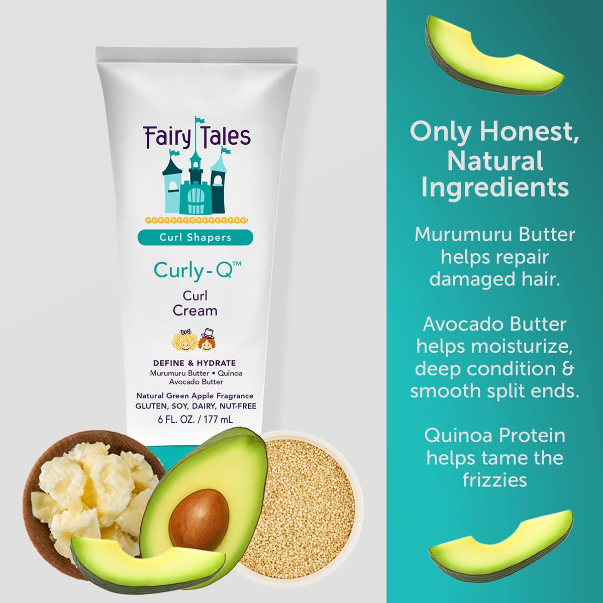 Fairy Tales Curly Q with quinoa and avocado illustrates natural ingredients benefit