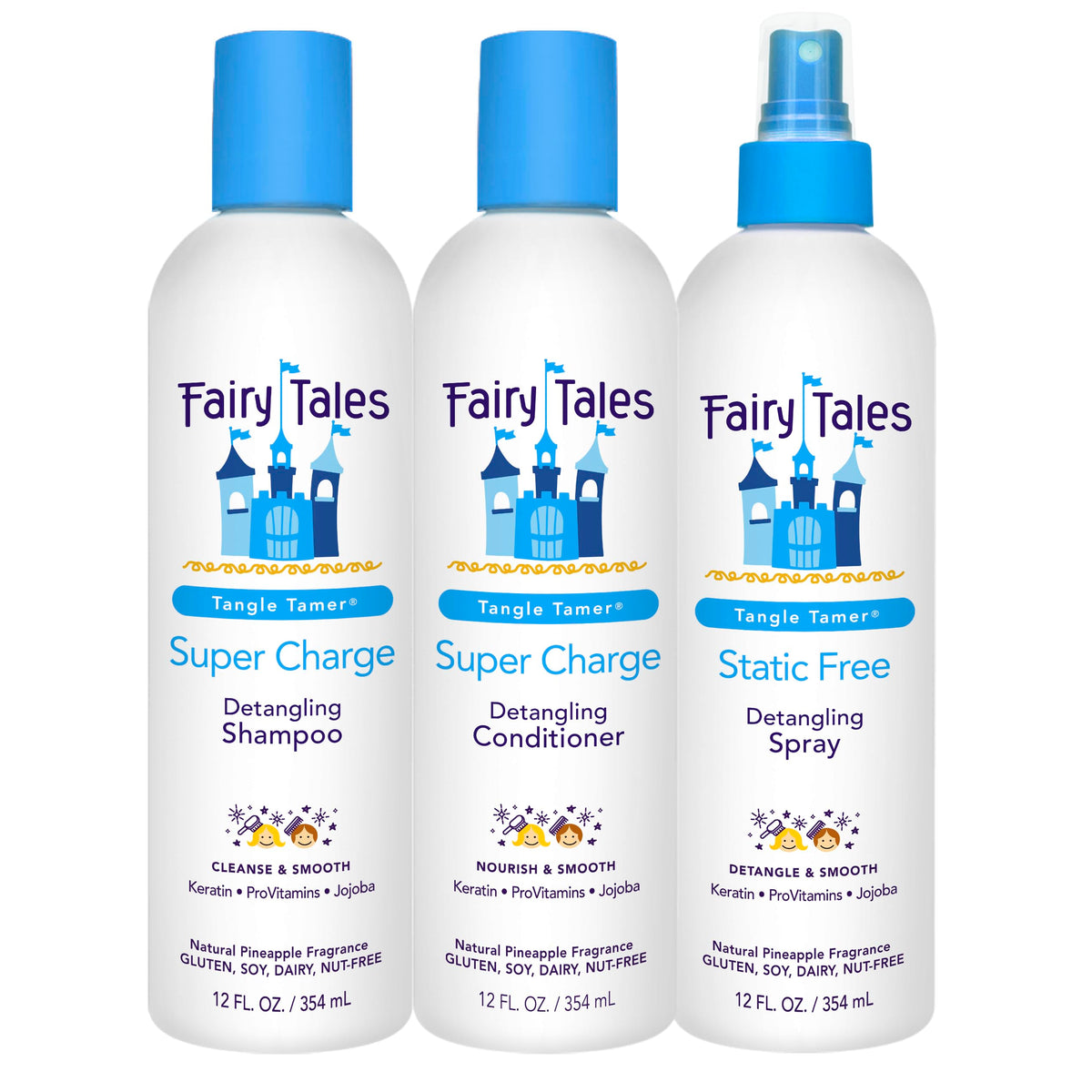 Fairy Tales front packaging displaying the three-piece detangling bundle and benefits