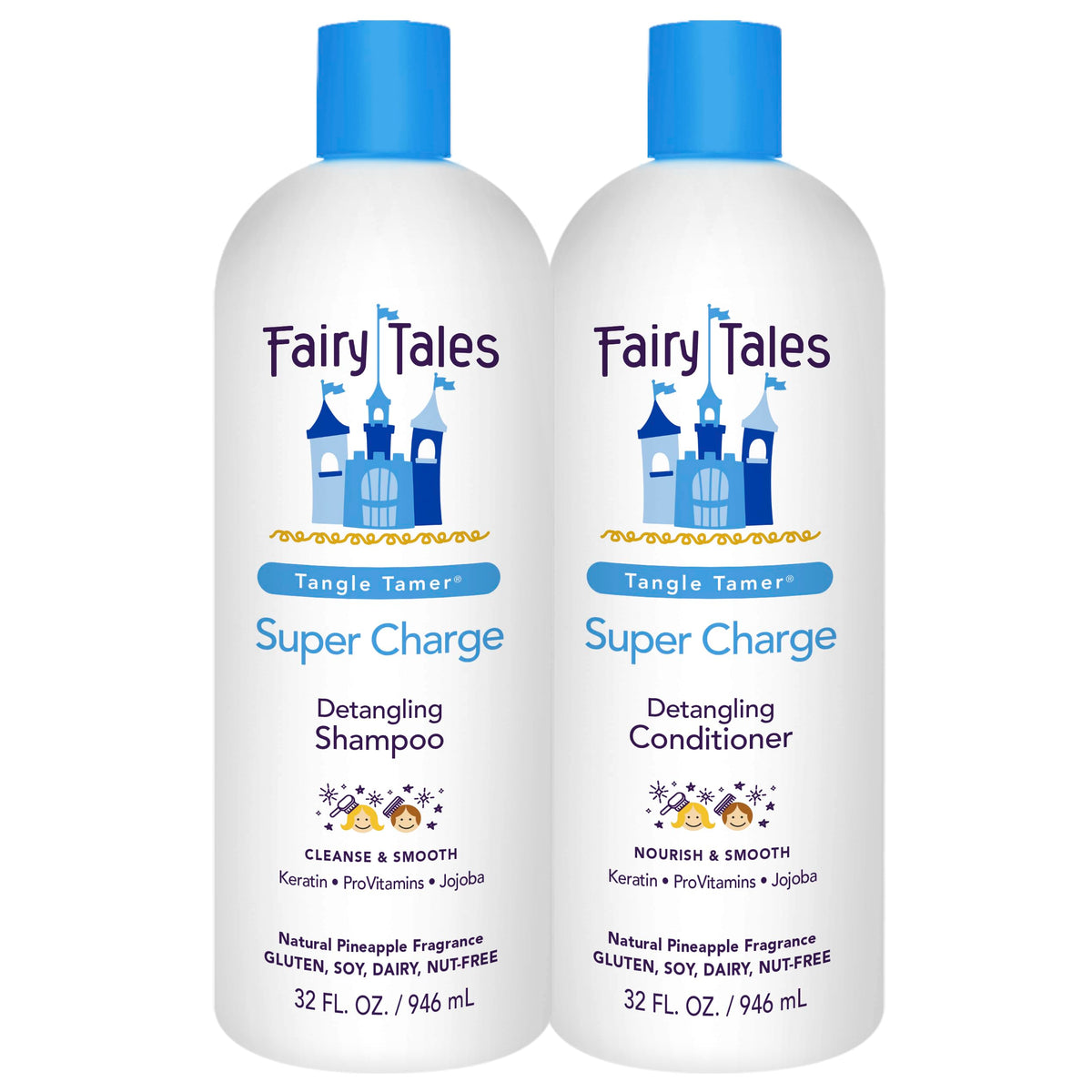 Fairy Tales front packaging showing full 32oz tangle tamer set and benefits