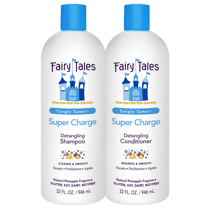 Fairy Tales front packaging showing full 32oz tangle tamer set and benefits