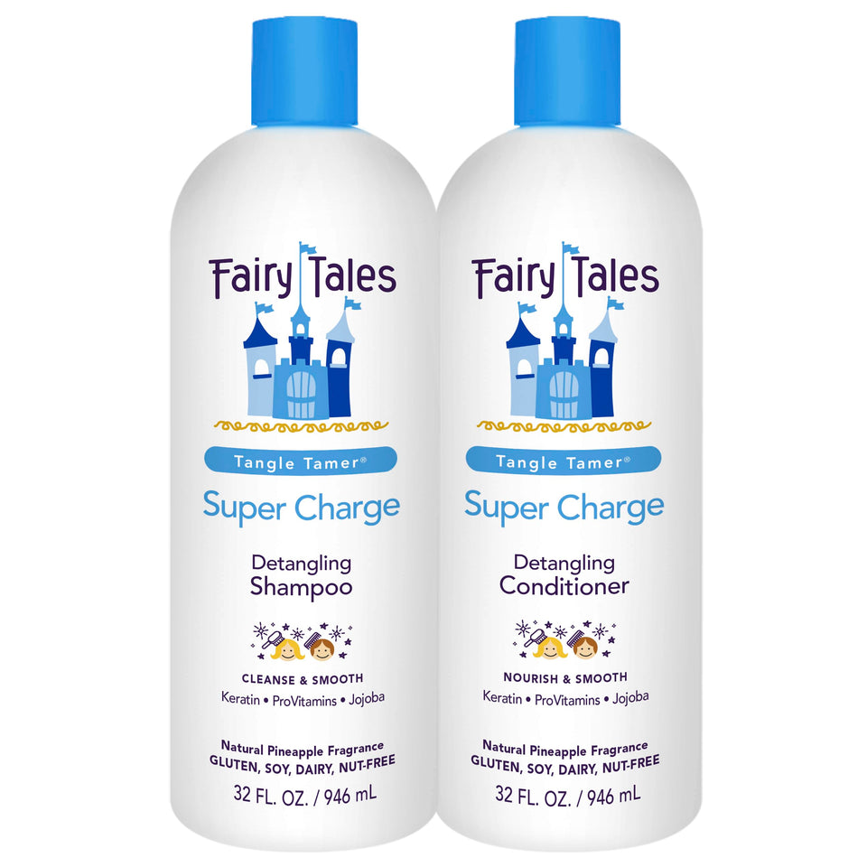 Fairy Tales front packaging showing full 32oz tangle tamer set and benefits