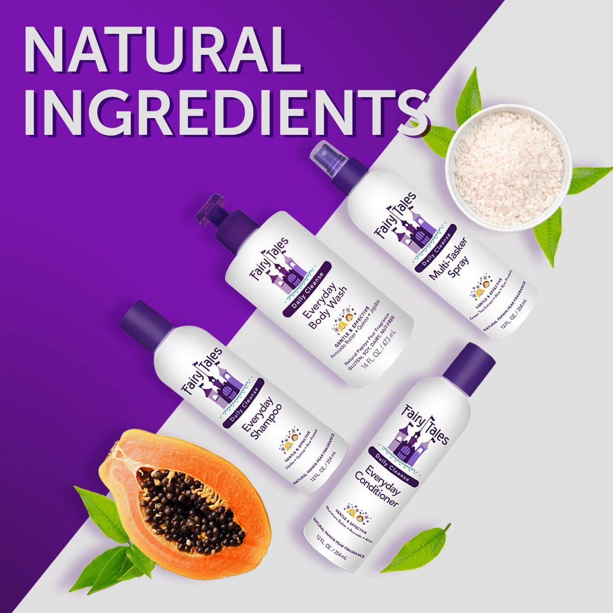 Fairy Tales ingredients display with murumuru and avocado butters benefit