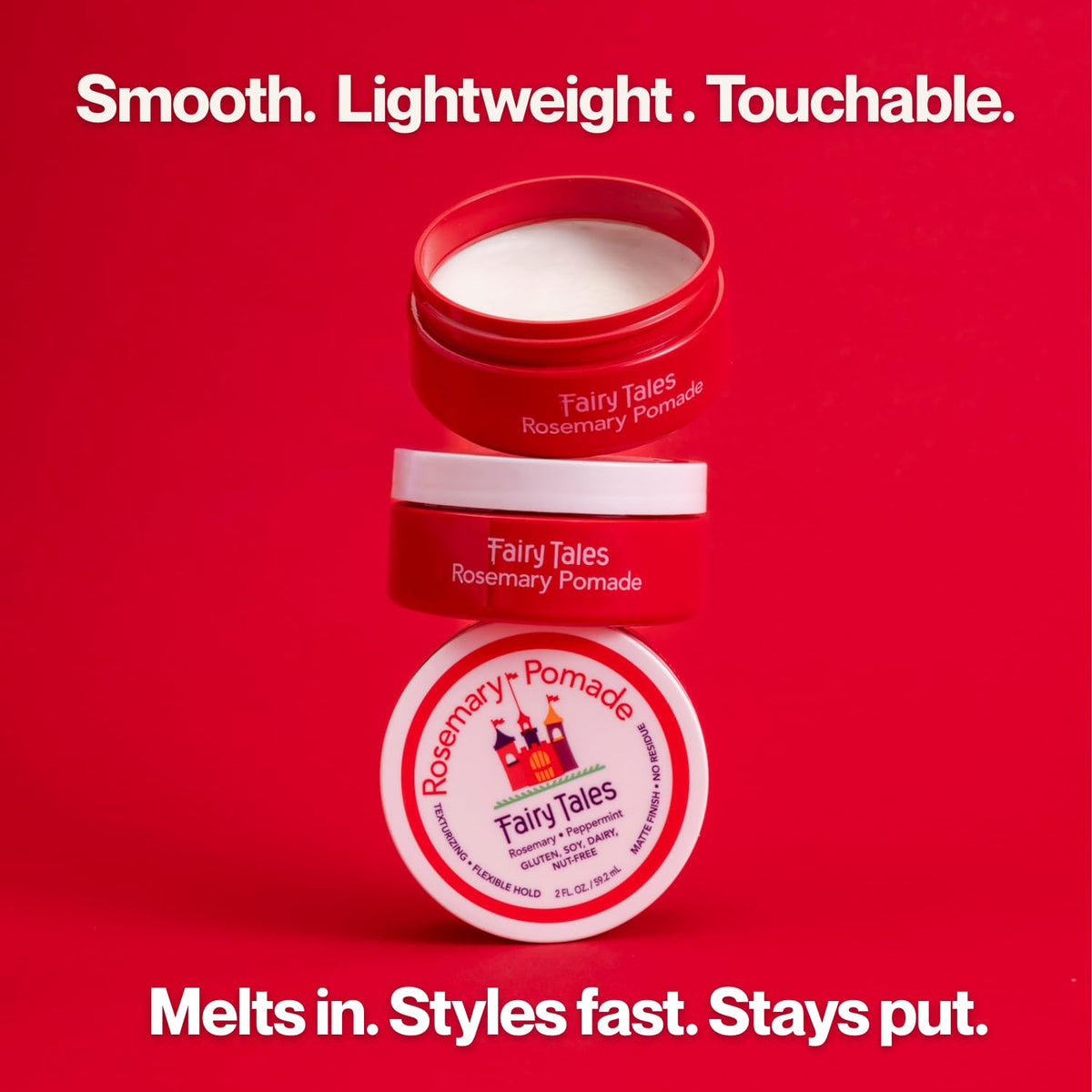 Fairy Tales pomade being applied on hands showing easy, non-greasy application