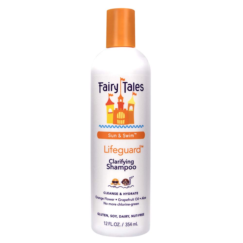 Fairy Tales Sun & Swim front bottle showing citrus label and 12 oz size for clear swim hair