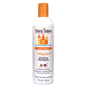 Fairy Tales Sun & Swim front bottle showing citrus label and 12 oz size for clear swim hair