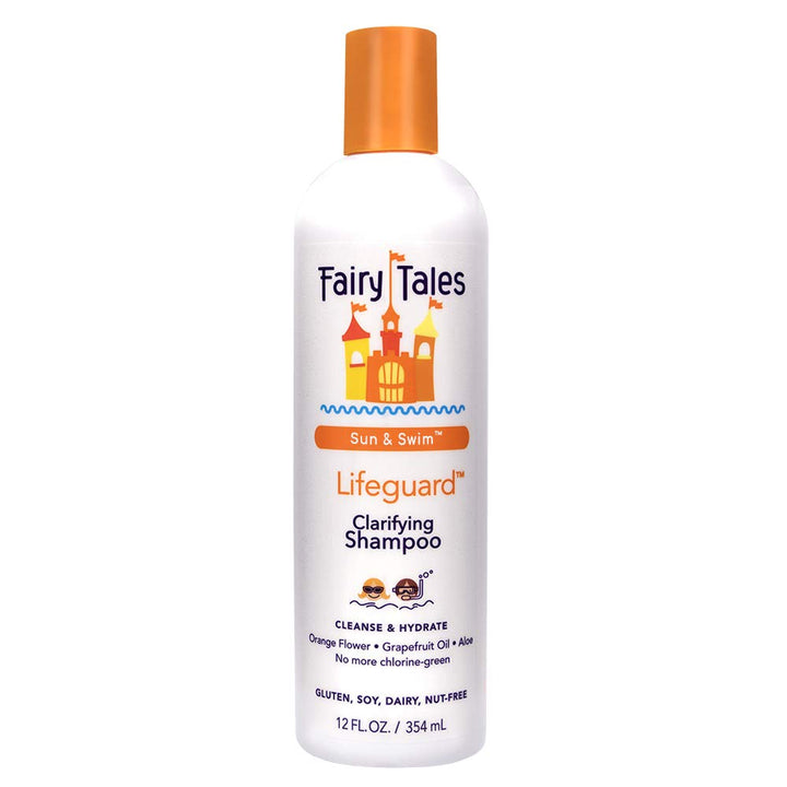 Fairy Tales Sun & Swim front bottle showing citrus label and 12 oz size for clear swim hair