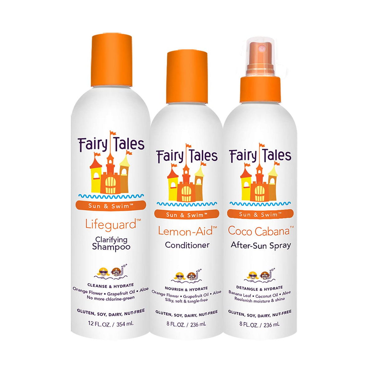Fairy Tales front packaging of swim shampoo conditioner spray shows complete kit benefit